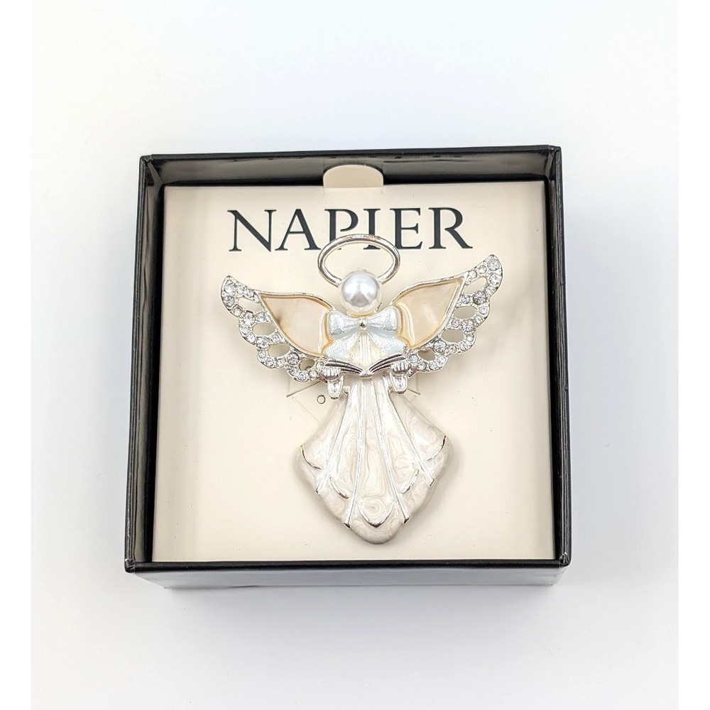 Vintage Napier Angel Brooch‎ Cream Enamel Rhinestone Christmas Holiday Jewelry
